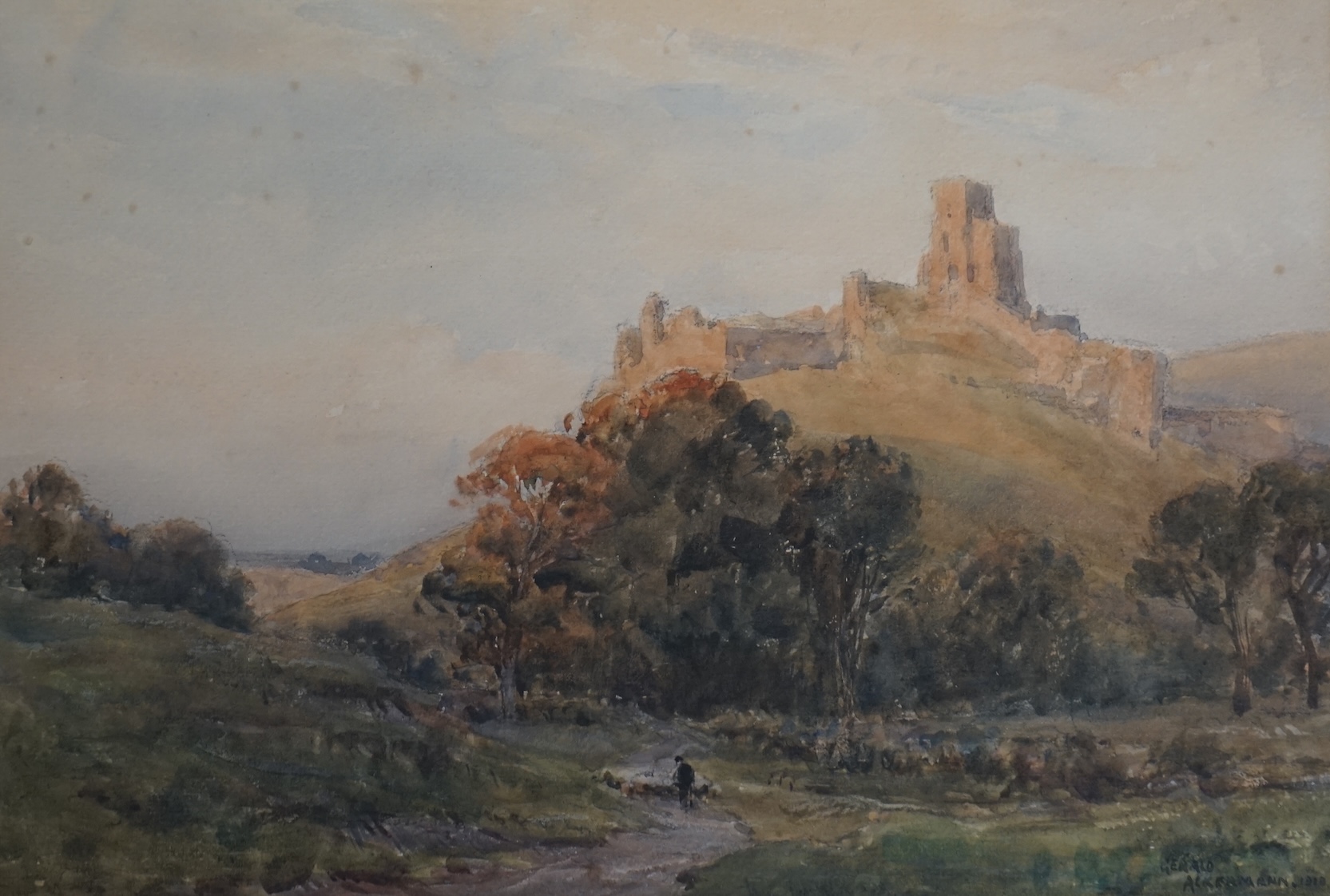 Gerald Ackermann (1876-1960), watercolour, ‘Corfe Castle’, signed and dated 1910, 25 x 36cm. Condition - poor to fair